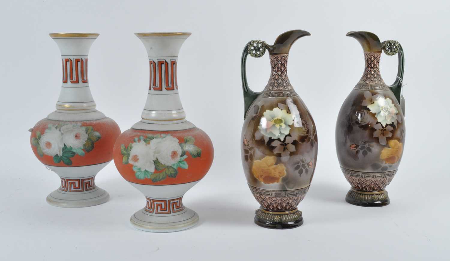 A pair of Victorian milk glass vases, decorated with bands of orange and Greek Key, h.35cm; together