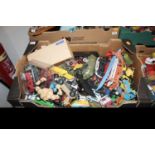 Two boxes of miscellaneous items to include various loose and playworn diecast vehicles, Dinky