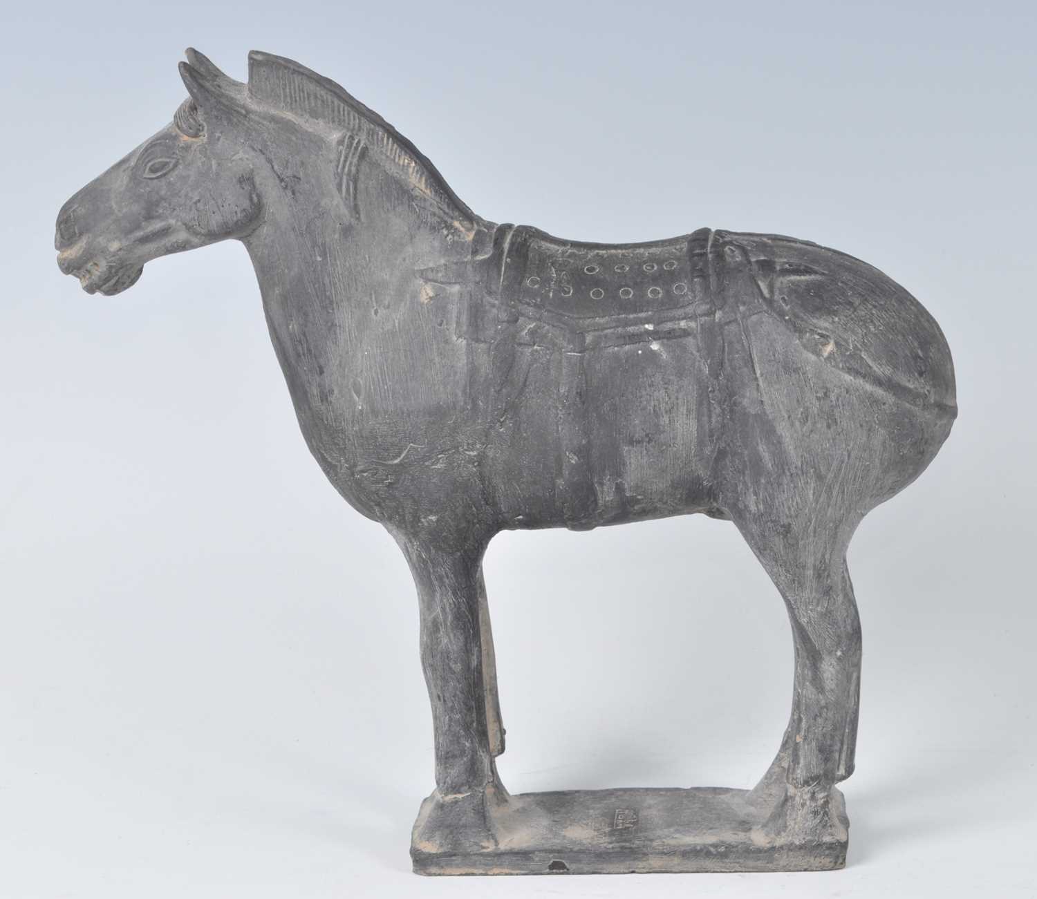A Chinese hollow moulded black terracotta horse, modelled in standing pose with incised face and - Bild 3 aus 3