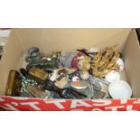 A box of miscellaneous items, to include a filigree model of a ship, eastern polished hardstone