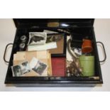 A Victorian deed box containing miscellaneous items, to include silver plated wares, Batholemew's