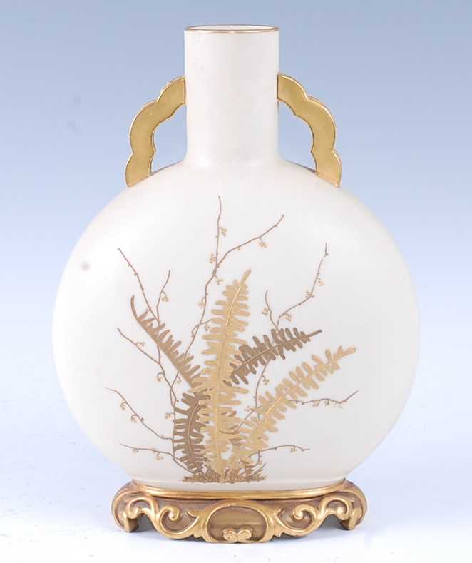 A Royal Worcester old ivory porcelain moon vase, the cylindrical neck flanked by twin gilt - Bild 2 aus 4