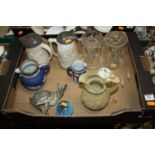 A box of miscellaneous items to include a pair of Victorian cut clear glass lustres with prism