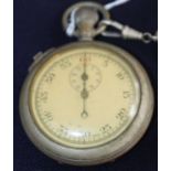 A World War II gent's nickel cased open faced stopwatch, having keyless movement and on a white