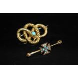 A Victorian yellow metal and turquoise set brooch fashioned as a snake, w.26mm; together with a