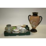 A box of mixed ceramics, to include a Denby stoneware vase, Beswick leaf dishes, a large twin