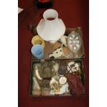 Two boxes of miscellaneous items, to include an Aynsley porcelain table lamp