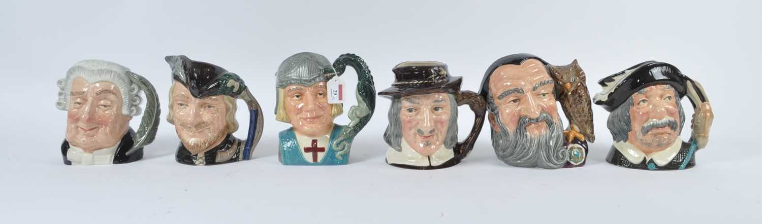 A collection of six Royal Doulton character jugs, to include Robin Hood, St George, Merlin, Izaak