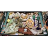 A box of miscellaneous items to include an opalescent figure carved as an owl, Royal Crown Derby