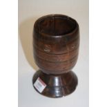 A turned sycamore mortar, probably 18th century, with banded decoration and impressed monogram EI,