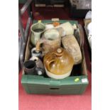 A box of miscellaneous items to include a Pearsons of Chesterfield stoneware flagon, stoneware