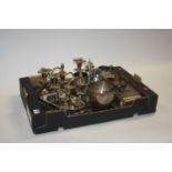 A box of silver plated wares, to include entree dish and table candelabra