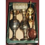 A box of metal ware to include a pair of large eastern brass vases of baluster form with all over