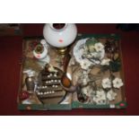Two boxes of various ceramics and glass, to include a Victorian oil lamp