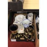 Two boxes of miscellaneous items to include a copper warming pan, 19th century blue & white transfer