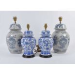 A pair of modern Chinese blue and white glazed table lamps, h.36cm; together with a further