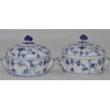 A pair of Royal Copenhagen Blue-lace pattern porcelain covered dishes, w.10cm