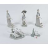 A Lladro porcelain model of geese; together with three other Lladro porcelain groups; and a Nao