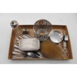 A box of mixed silver and plated wares, to include a silver backed dressing table brush, silver