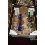 Five boxes of miscellaneous glassware, to include a set of six overlaid and cut glass wine hocks,