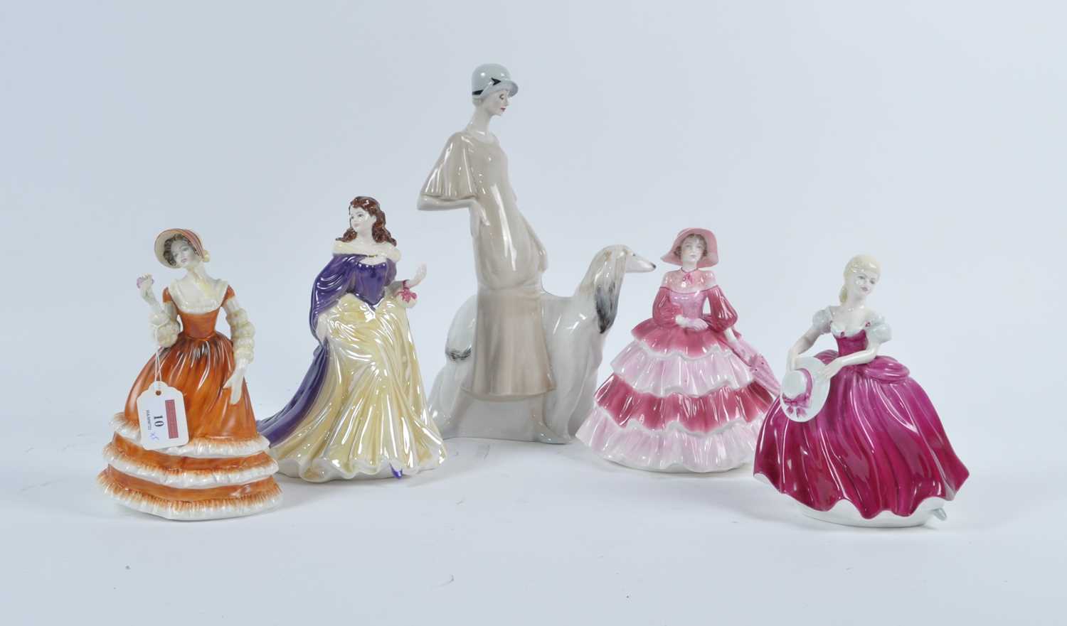 A Royal Doulton Reflections Series porcelain figure 'Promenade', h.33cm; together with four Coalport