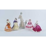 A Royal Doulton Reflections Series porcelain figure 'Promenade', h.33cm; together with four Coalport