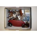 A box of miscellaneous items, to include vintage wristwatches, silver lidded whisky noggin,