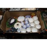 Four boxes of miscellaneous items, to include a 1970s Poole pottery two-tone part tea and dinner