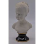 An Unter Weiss Bach parian bust of a young girl, mounted upon a celeste blue socle base, h.20cm