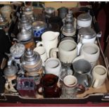 Four boxes of miscellaneous items to include mainly continental bier steins, water jugs, tankards,