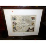 Willem Blaeu - Huntingdonshire, engraved and later hand coloured county map showing coats of arms,