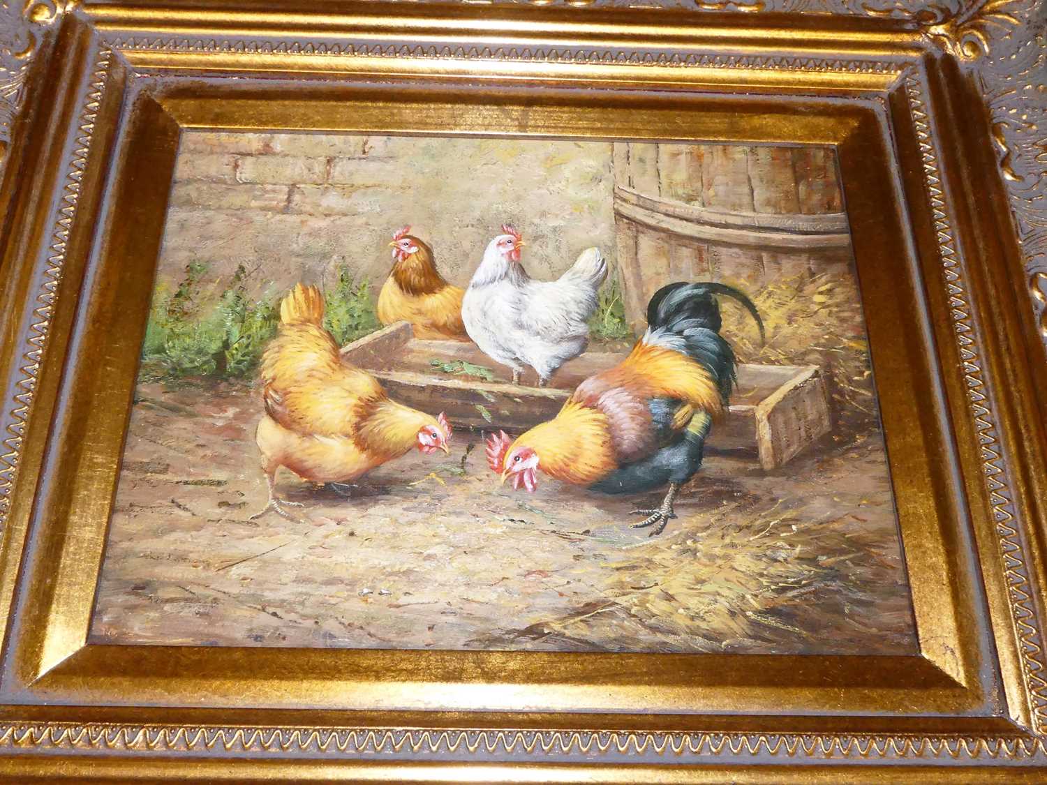 After Edgar Hunt - Chickens in a farmyard, oil on panel, 19x24cmNo damage to picture or front, frame - Image 2 of 7