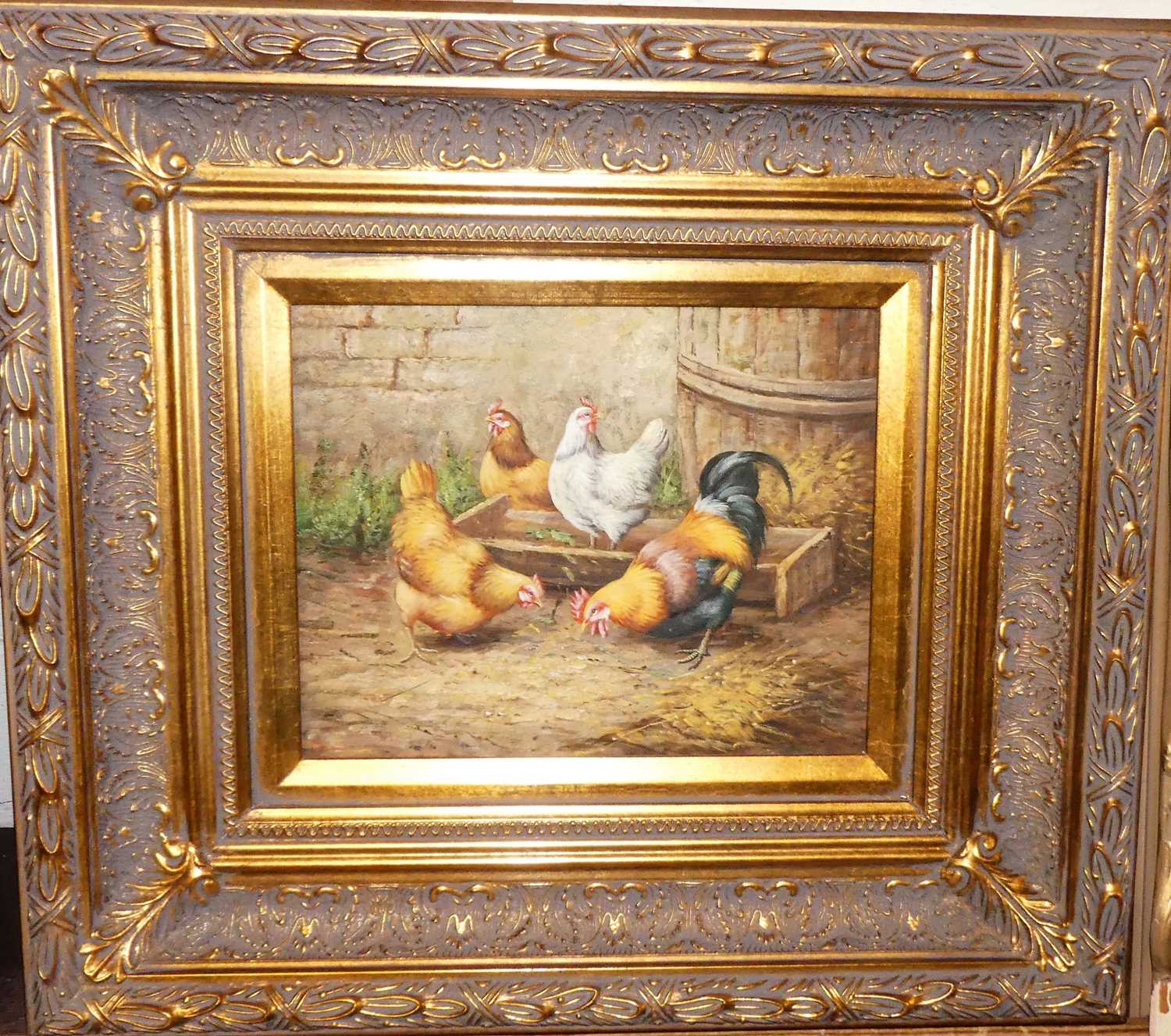 After Edgar Hunt - Chickens in a farmyard, oil on panel, 19x24cmNo damage to picture or front, frame