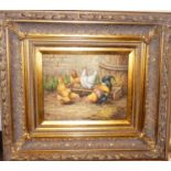 After Edgar Hunt - Chickens in a farmyard, oil on panel, 19x24cmNo damage to picture or front, frame