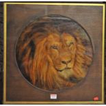 Circa 1900 English school, lion study, oil on canvas, framed as a circle, dia. 40cm