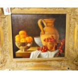 Anthony Barrs - still life with cherries and oranges, oil on canvas, signed lower right, 24x29cm
