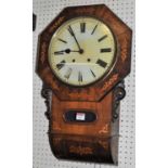 A mid-Victorian figured walnut and floral satinwood inlaid octagonal drop trunk wall clock, height