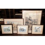 Assorted topographical pictures and prints, to include medieval cottages in Lavenham, Bury St