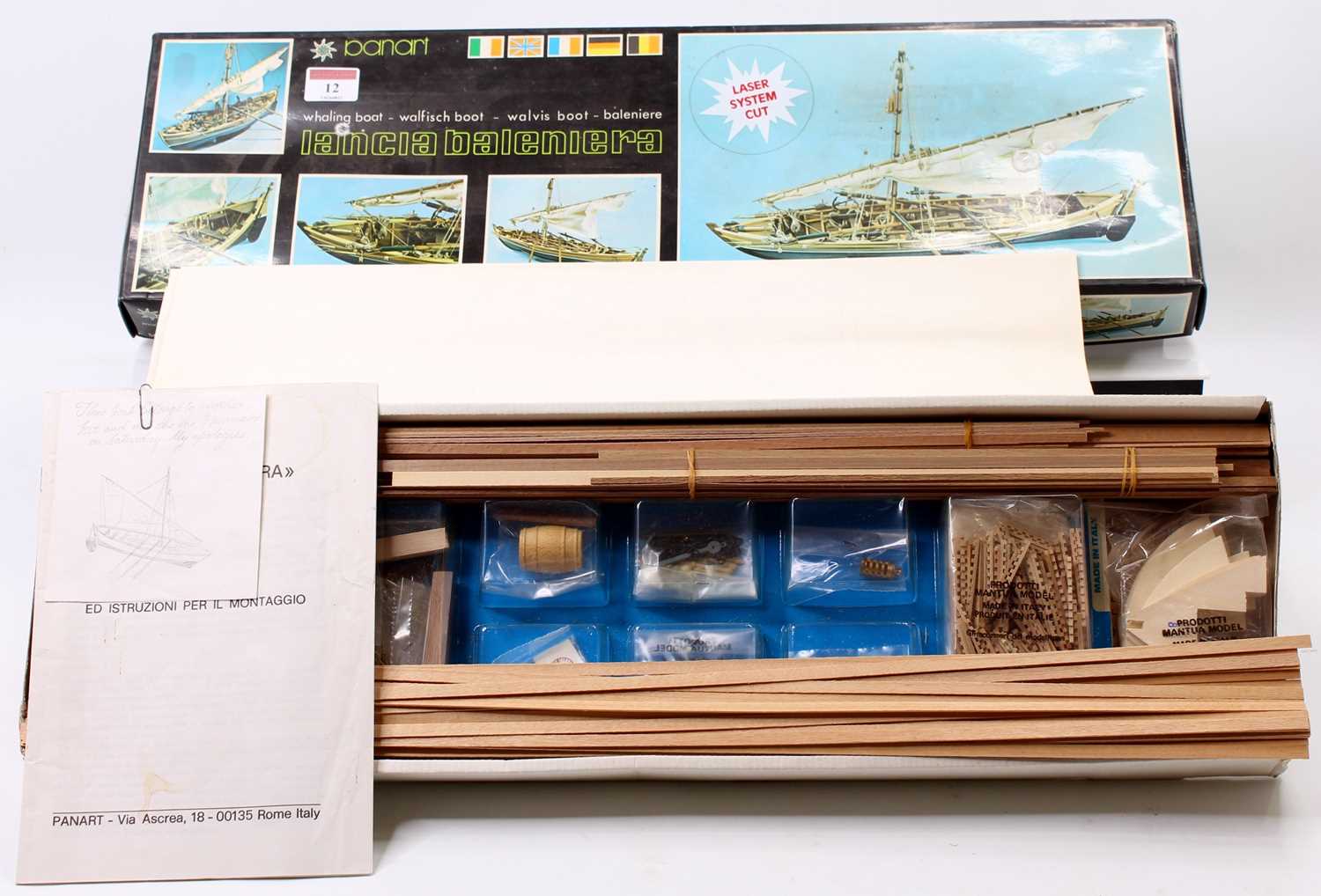 Ban Art No.002 1/16th scale balsa wood kit for a Lancia Baleniera Whaling Boat, housed in the