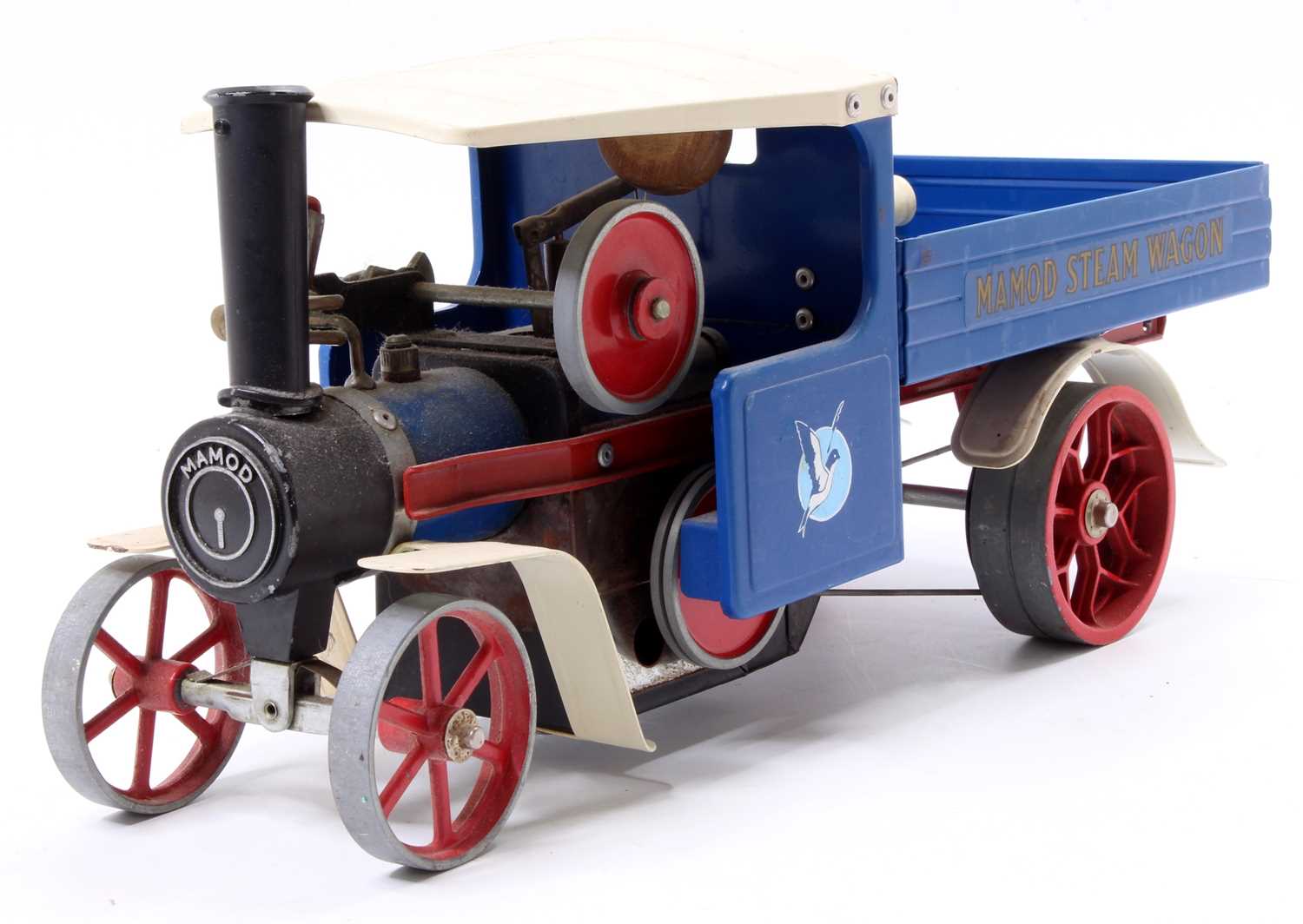 A Mamod SW1 live steam wagon comprising of blue, white and red body, loose example, in used