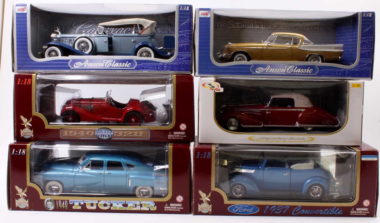 6 assorted 1/18th scale diecast cars, mixed manufacturers and models to include Signature Models