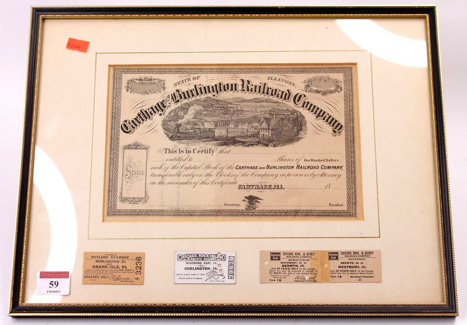 A framed and glazed Carthage & Burlington Railroad Company share certificate framed alongside a