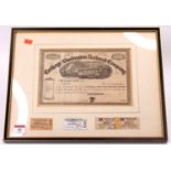 A framed and glazed Carthage & Burlington Railroad Company share certificate framed alongside a