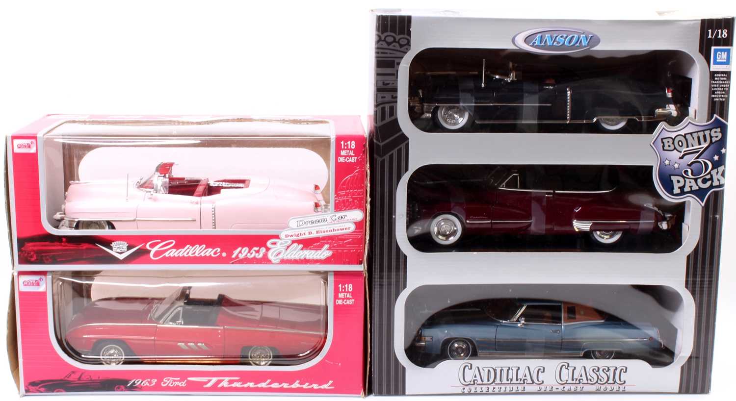 Anson 1/18th scale diecast group to include No. 60197 Cadillac Classic containing 3 models, No.