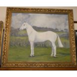 Modern British School - study of a standing white horse, oil on canvas, indistinctly monogrammed