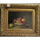 Mid 20th century English School - still life apples in a wicker bowl, oil on panel, unsigned, 20.5 x