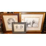 Six various pictures and prints, to include; pre-raphaelite style study framed as a circle, pen