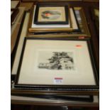 A collection of various pictures and prints to include; sundry engravings, woolwork study, amateur