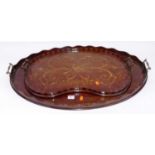 An Edwardian mahogany, satinwood and pear wood inlaid twin handled gallery tray, of kidney shape,