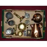 A box of miscellaneous metalware, to include a pair of brass candlesticks, pewter tankard, copper